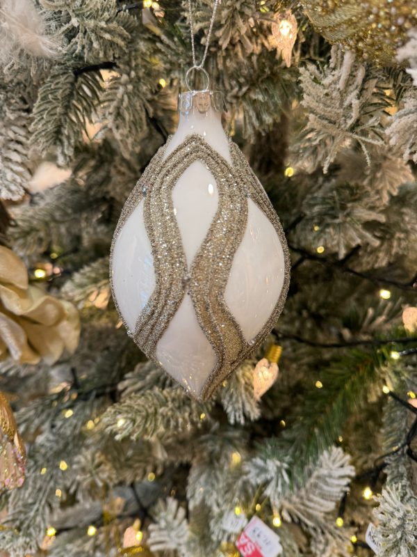 White Oval Bauble Striped with champagne Glitter Tree Ornament