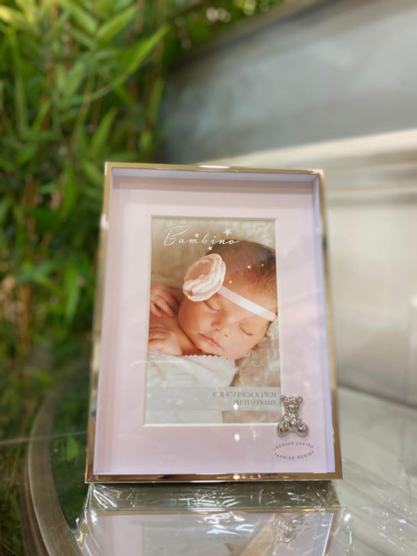 Baby Girl Nickel Boxed Frame with Pink Mount & Teddy Detail ,m