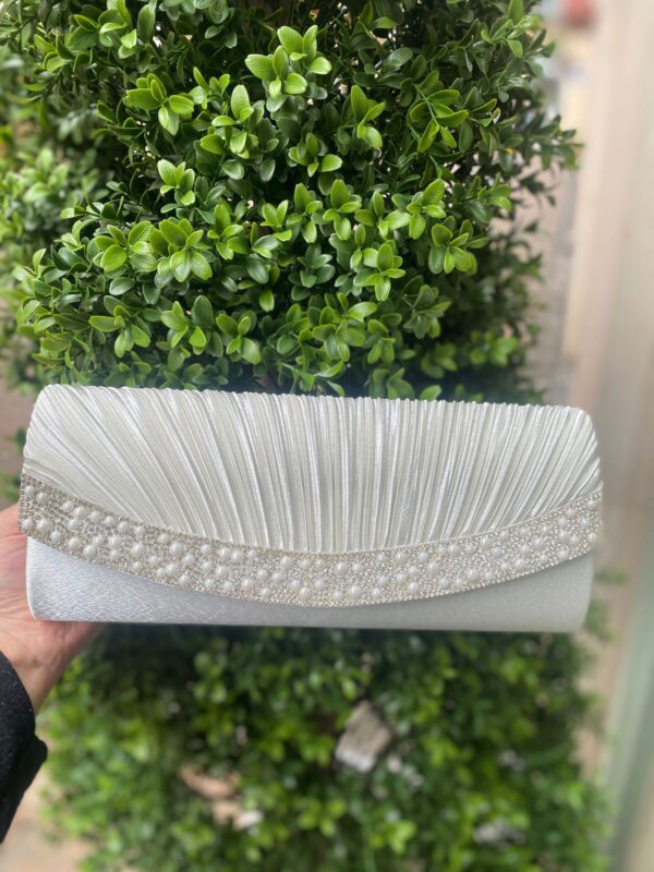 Ridged Clutch Bag with Pearls Beige