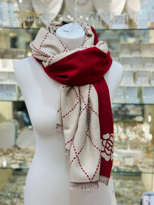 Cashmere Touch Scarf Red/Cream - Image 4