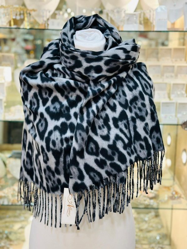 Cashmere Touch Scarf Leopard Print 66 x 180cm Light Grey/Black - Image 3