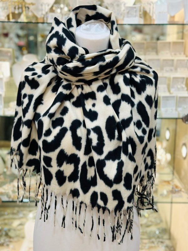 Cashmere Touch Scarf Leopard Print 66 x 180cm Cream/Black