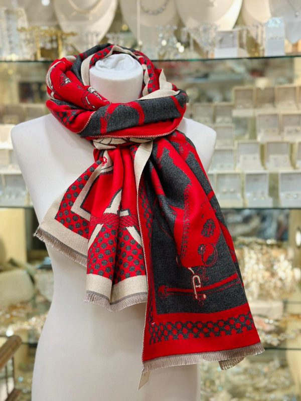 Cashmere Touch Scarf Cream/Red/Grey