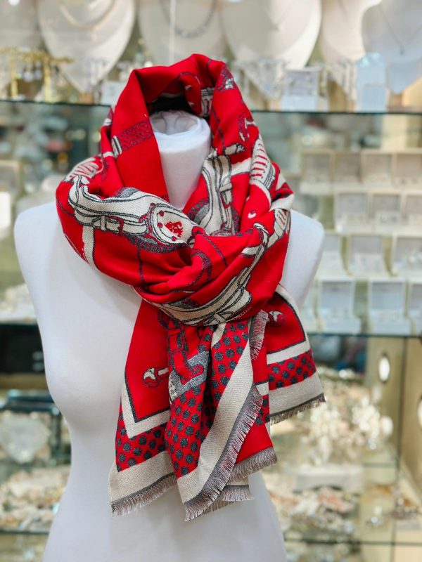 Cashmere Touch Scarf Cream/Red/Grey - Image 5