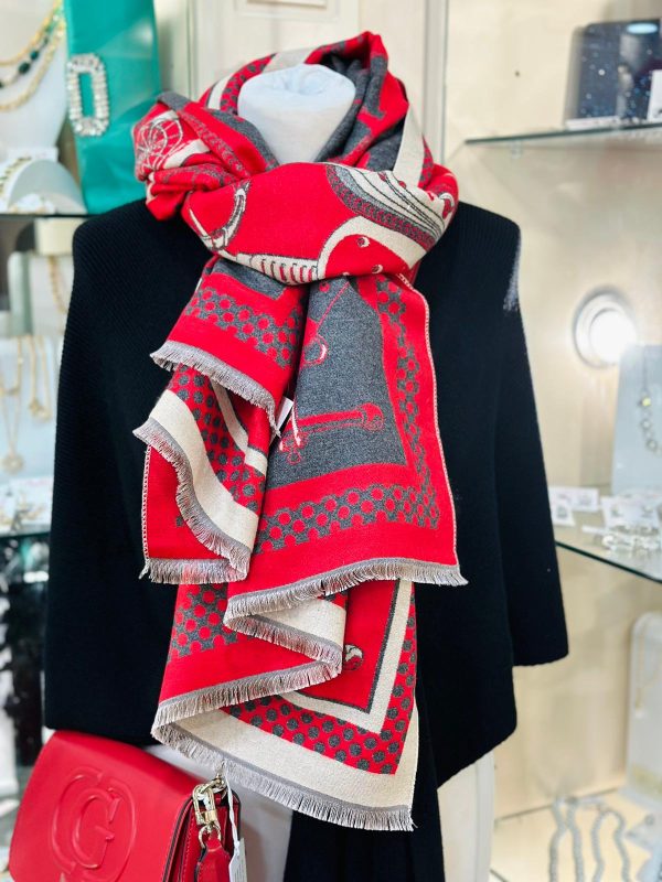 Cashmere Touch Scarf Cream/Red/Grey - Image 3