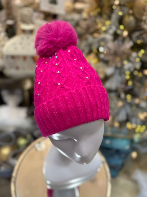 Winter Lined Diamanté Hat with Pom-Pom Pink - Image 2