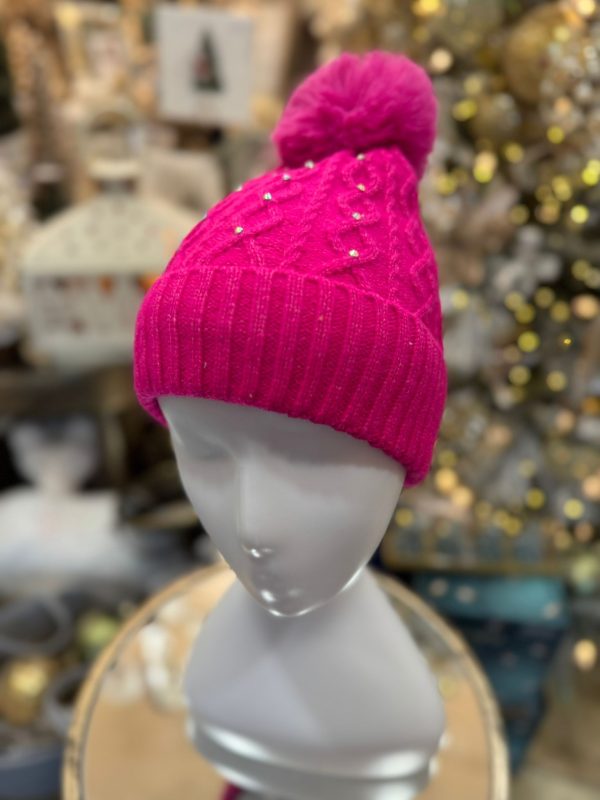 Winter Lined Diamanté Hat with Pom-Pom Pink