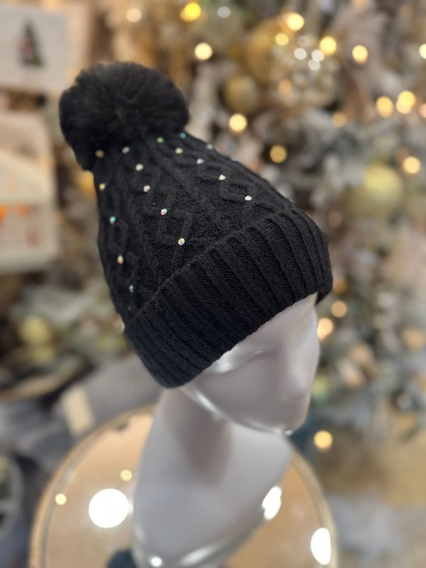 Winter Lined Diamanté Hat with Pom-Pom Black - Image 2