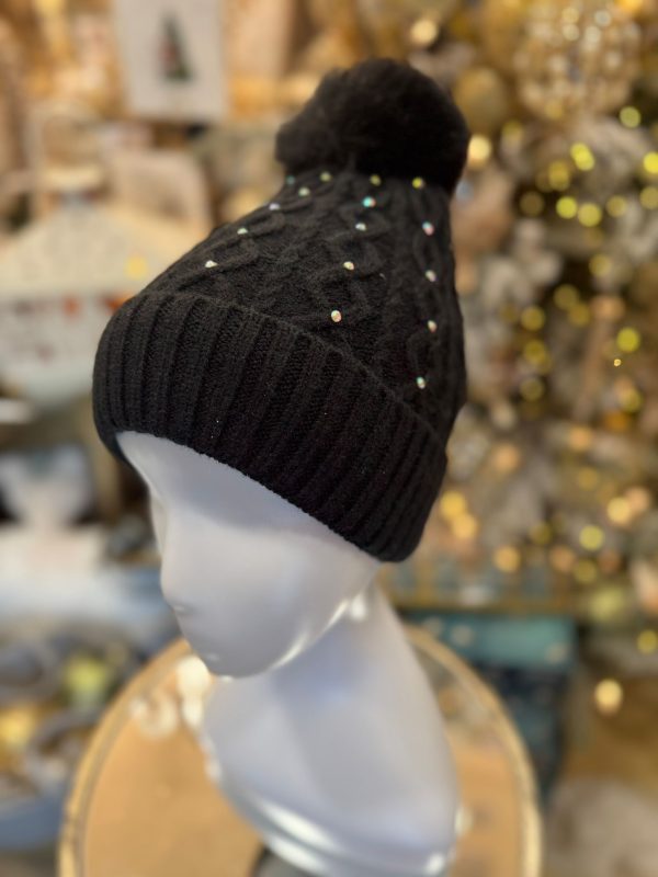 Winter Lined Diamanté Hat with Pom-Pom Black