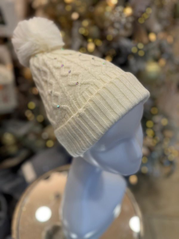 Winter Lined Diamanté Hat with Pom-Pom Ivory - Image 2