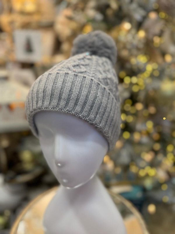 Winter Lined Diamanté Hat with Pom-Pom Grey