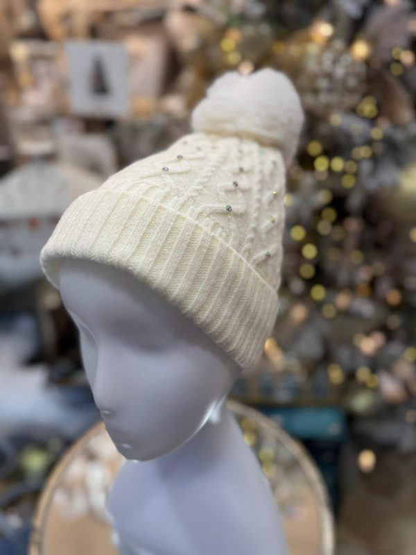 Winter Lined Diamanté Hat with Pom-Pom Ivory