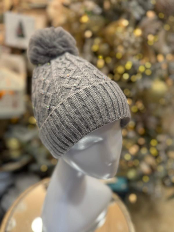 Winter Lined Diamanté Hat with Pom-Pom Grey - Image 2