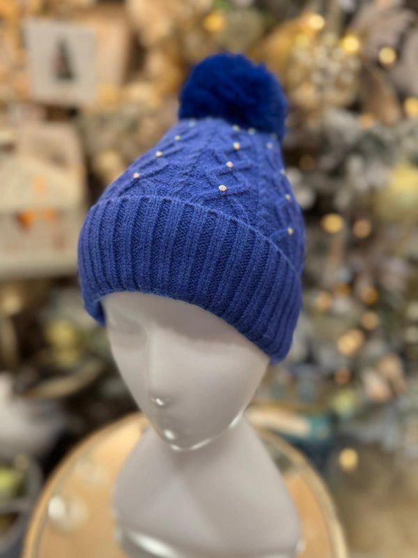 Winter Line Pom-Pom Diamante Hat Blue