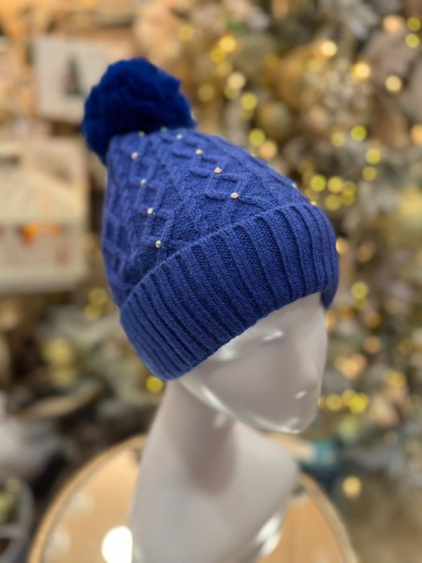 Winter Line Pom-Pom Diamante Hat Blue - Image 2