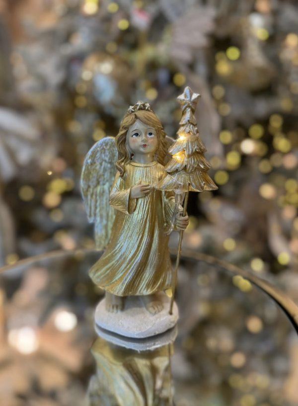 Standing Gold Coloured Angel Holding Tree with LED 17 cm