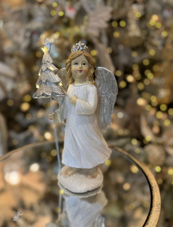 Standing White LED Angel with Silver Wings 28cm