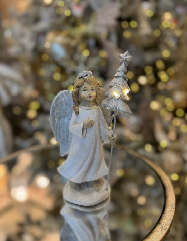 Standing White Angel with Silver Coloured Wings & Tree with LED 17 cm Right