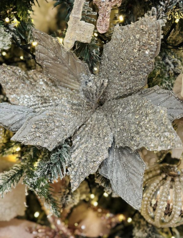 Silver Grey Velvet Glitter Poinsettia 31cm - Image 2