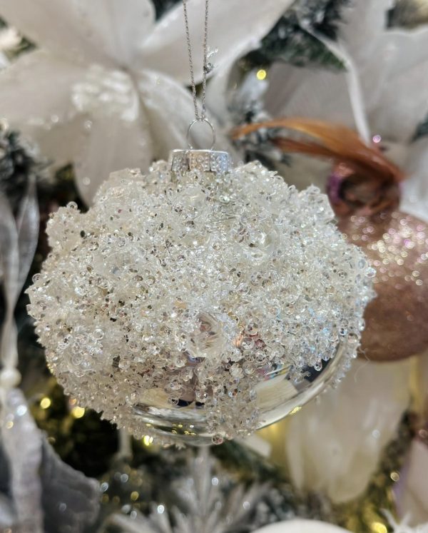 Glass Glitter Silver Iced Bauble 13cm - Image 2