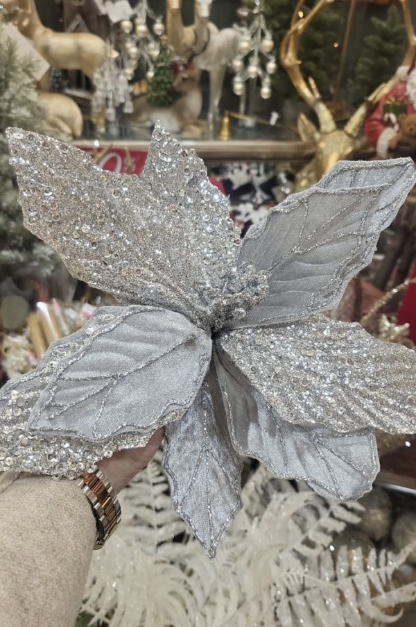 Silver Grey Velvet Glitter Poinsettia 31cm - Image 3