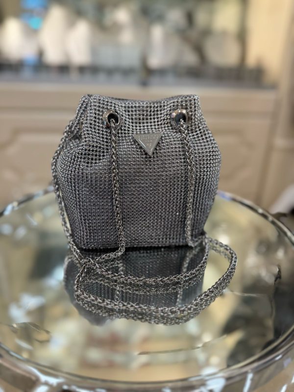 GUESS Zalina Rhinestone Mini Bucket Bag Silver