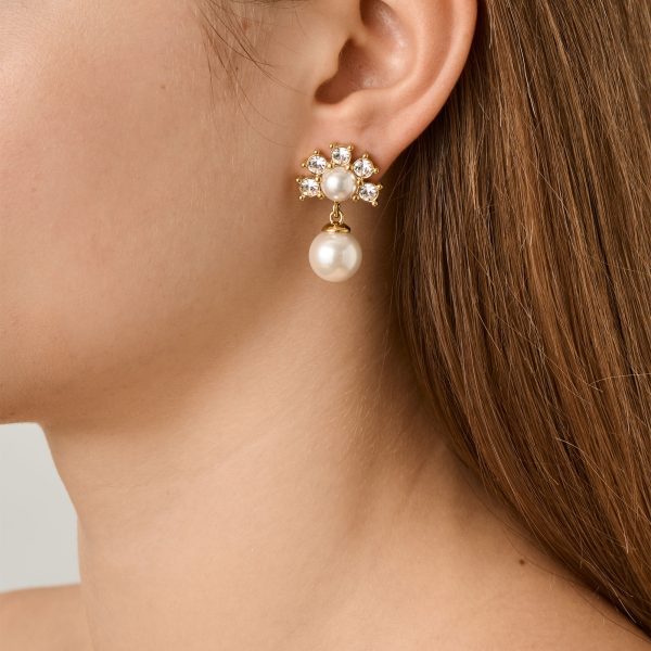 VERONICA Earrings with Clear Crystals & White Pearls Gold - Image 2