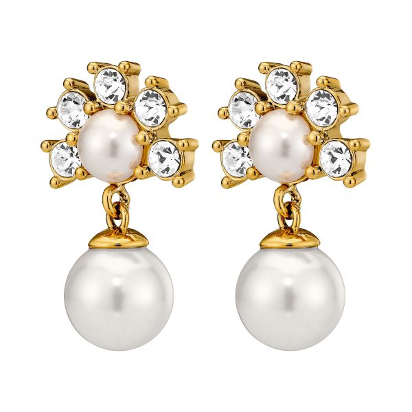 VERONICA Earrings with Clear Crystals & White Pearls Gold