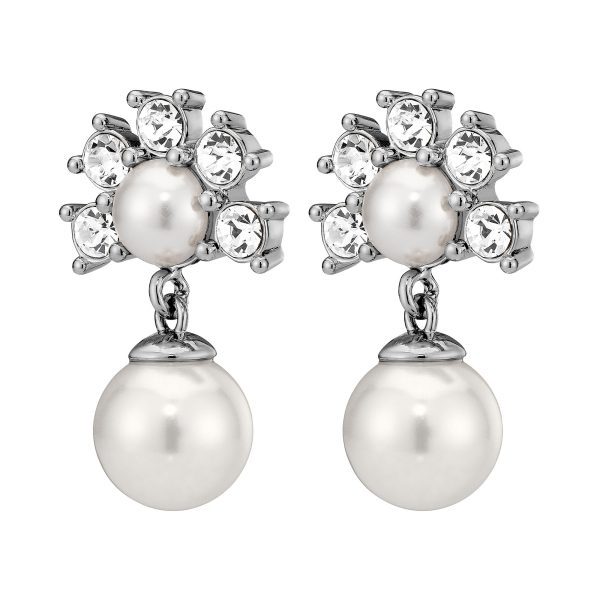 VERONICA Earrings with Clear Crystals & White Pearls Silver