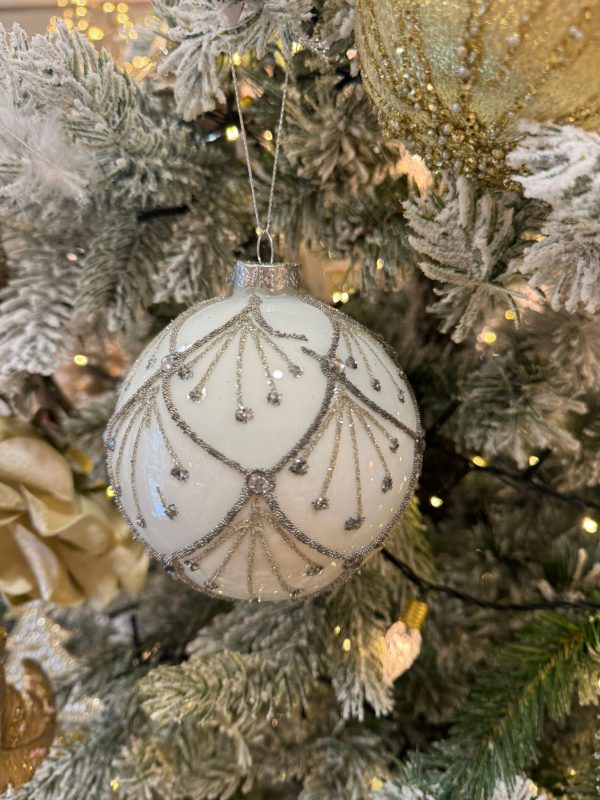 White Bauble with Silver Pattern Glitter Tree Ornament