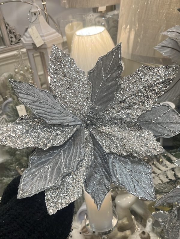 Silver Grey Velvet Glitter Poinsettia 31cm