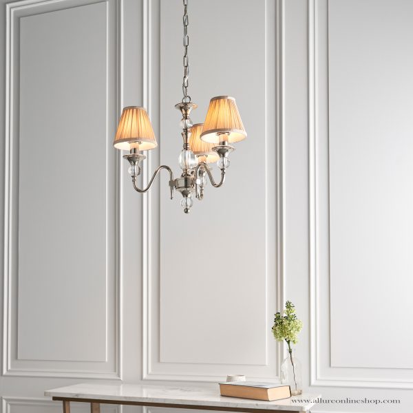 Nickel 3lt Pendant With Crystal Embellishments & Beige Shades - Image 2