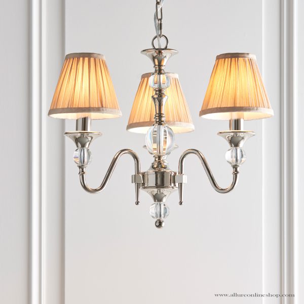 Nickel 3lt Pendant With Crystal Embellishments & Beige Shades