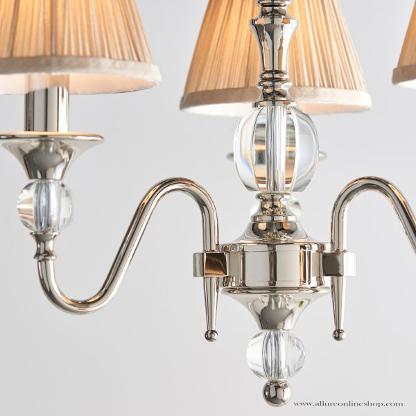 Nickel 3lt Pendant With Crystal Embellishments & Beige Shades - Image 3